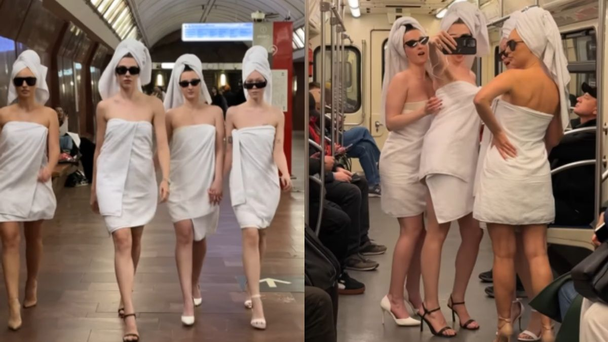 Young Ladies Wearing Only Towels in Metro